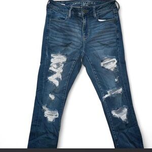 American Eagle Outfitters Men's Dark Blue Ripped Skinny Jeans